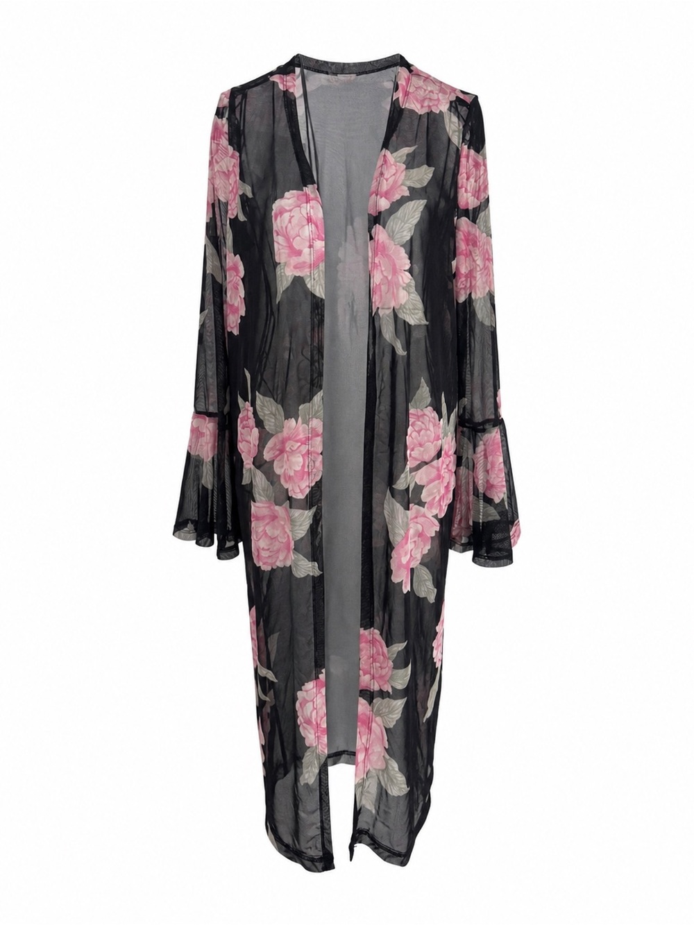Sheer Floral Long Kimono Robe Lace Overlay Cardigan Cover Up - Black & Pink OS